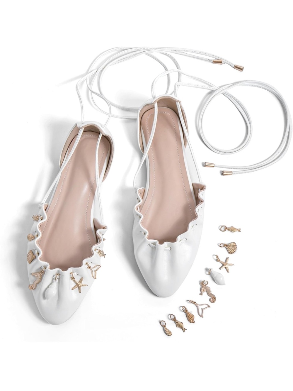 Lahamo Latso White Lace-Up Ballet Flats with Gold Sea Charm Accents